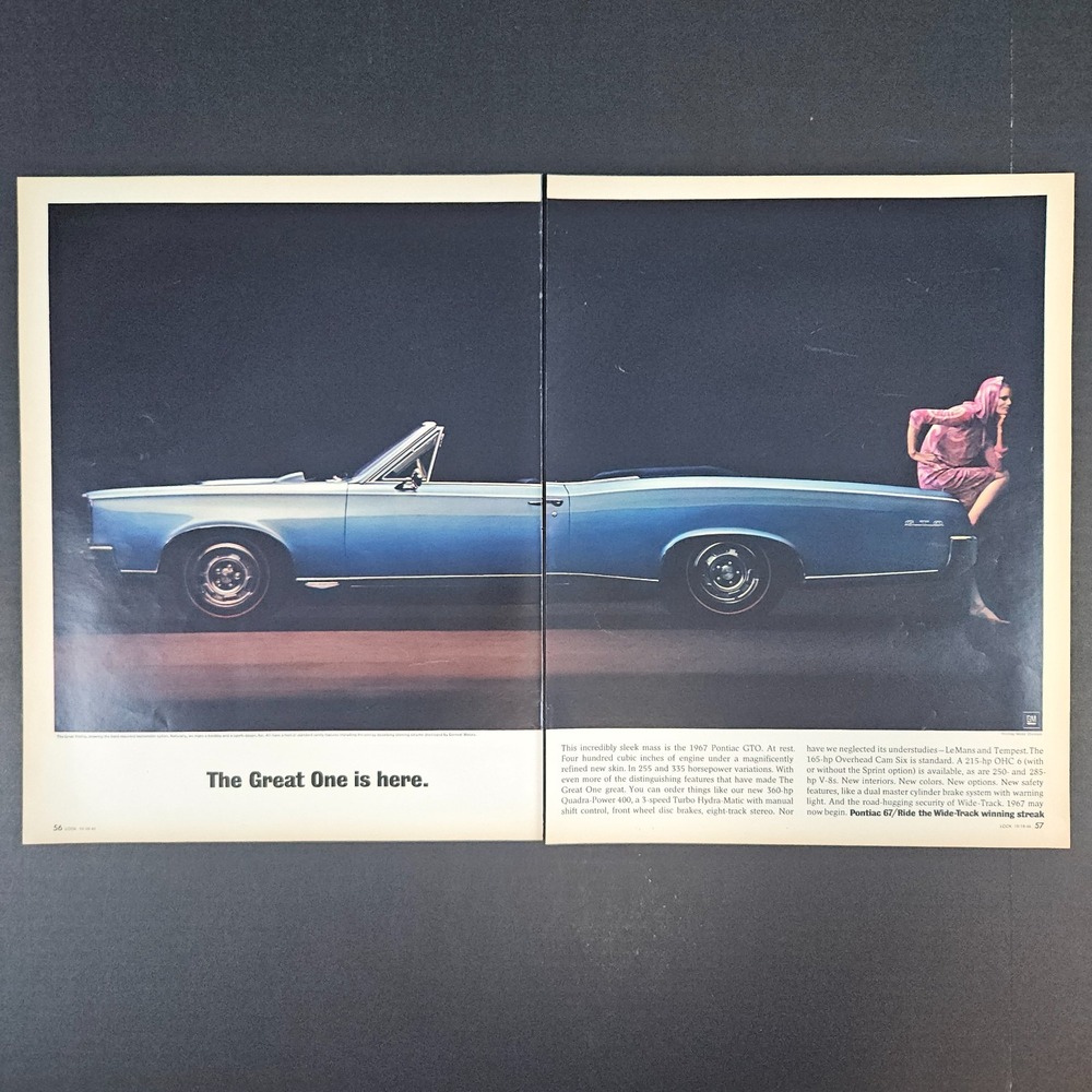1966 67 Pontiac GTO Wide Track Great One Vintage Print Ad Mancave Garage Shop